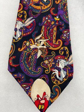 Vintage 1994 Looney Tunes Mania Silk Tie Paisley Bugs Bunny Wile E Coyote Taz